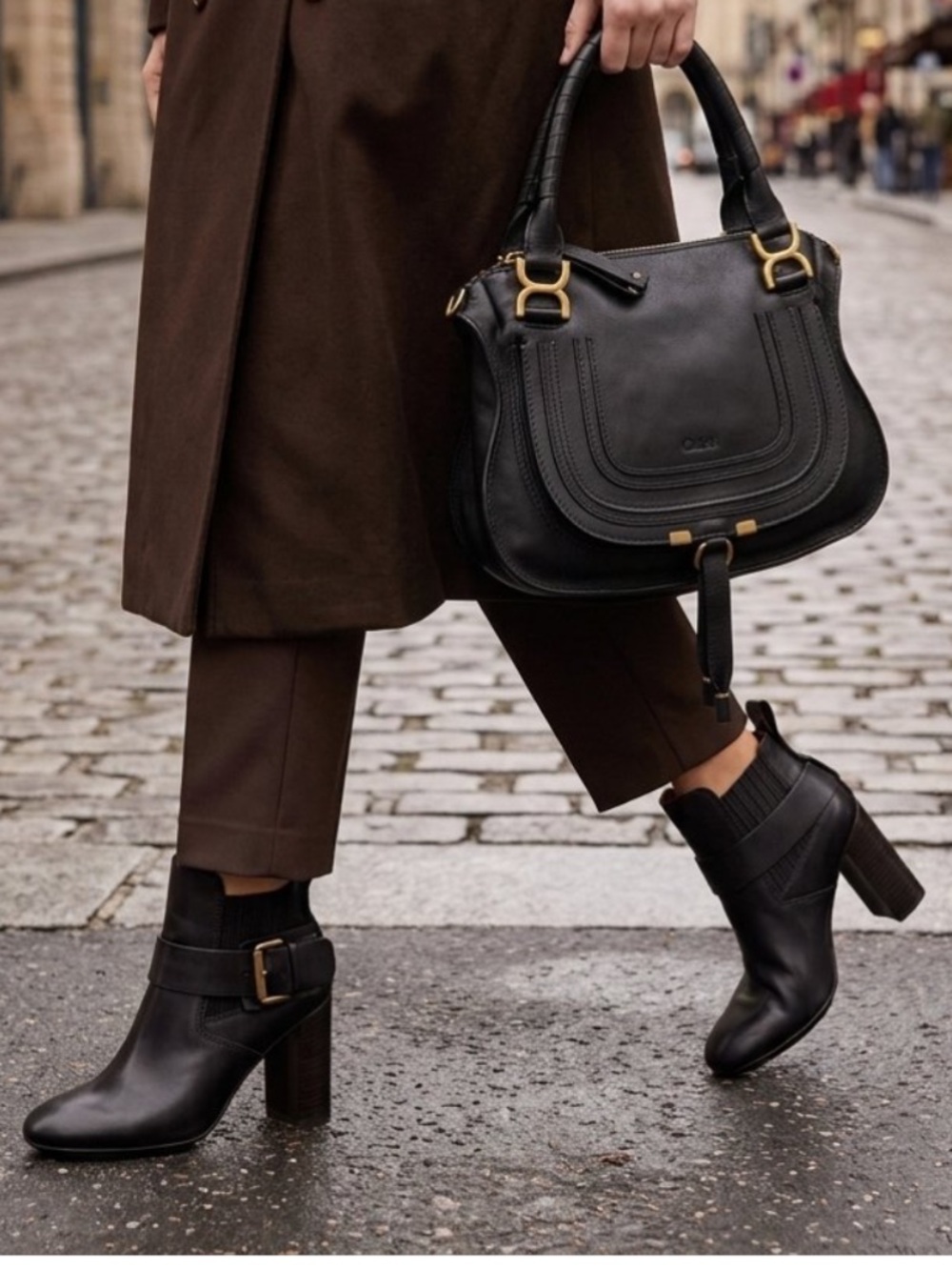 See by Chloe Cappa Black Leather Heel Booties Ankle Boots 8 Big Buckle Designer